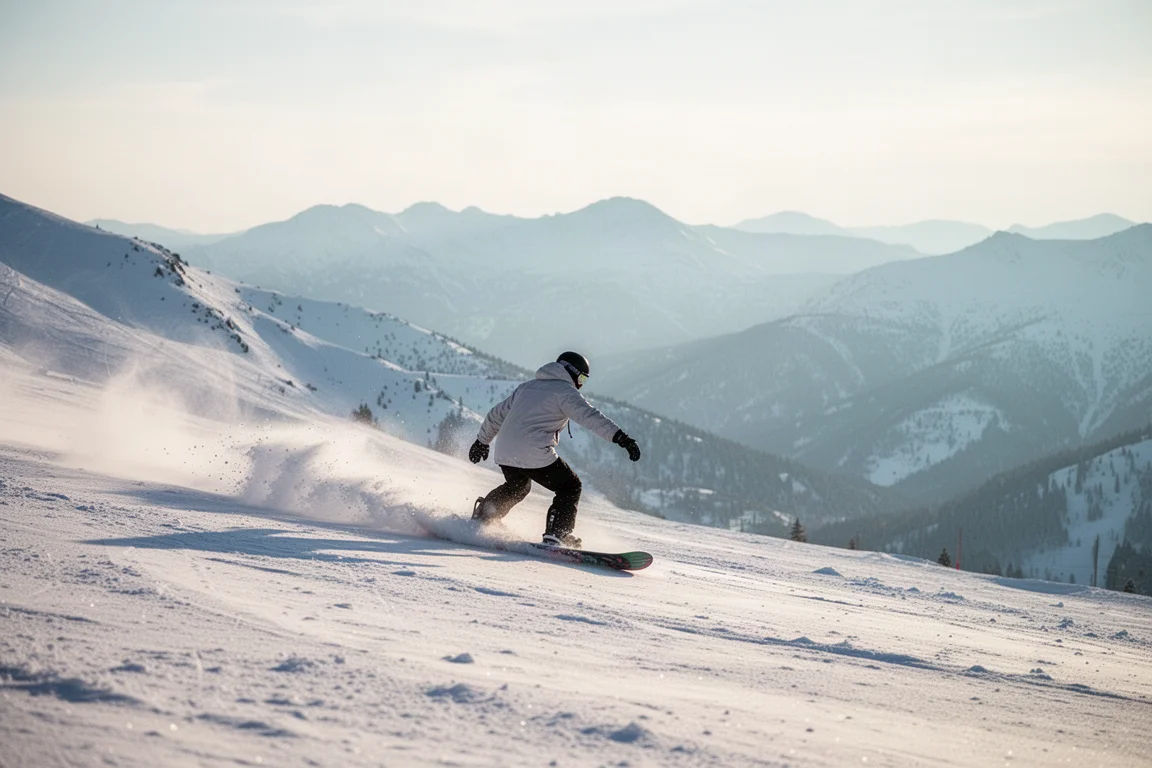 Snowboarder trazando un giro fresco en una amplia ladera abierta de montaña