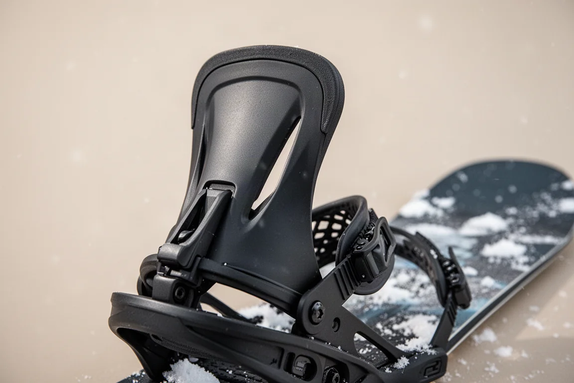 Primer plano del highback de una fijación de snowboard flexionando sobre un fondo invernal