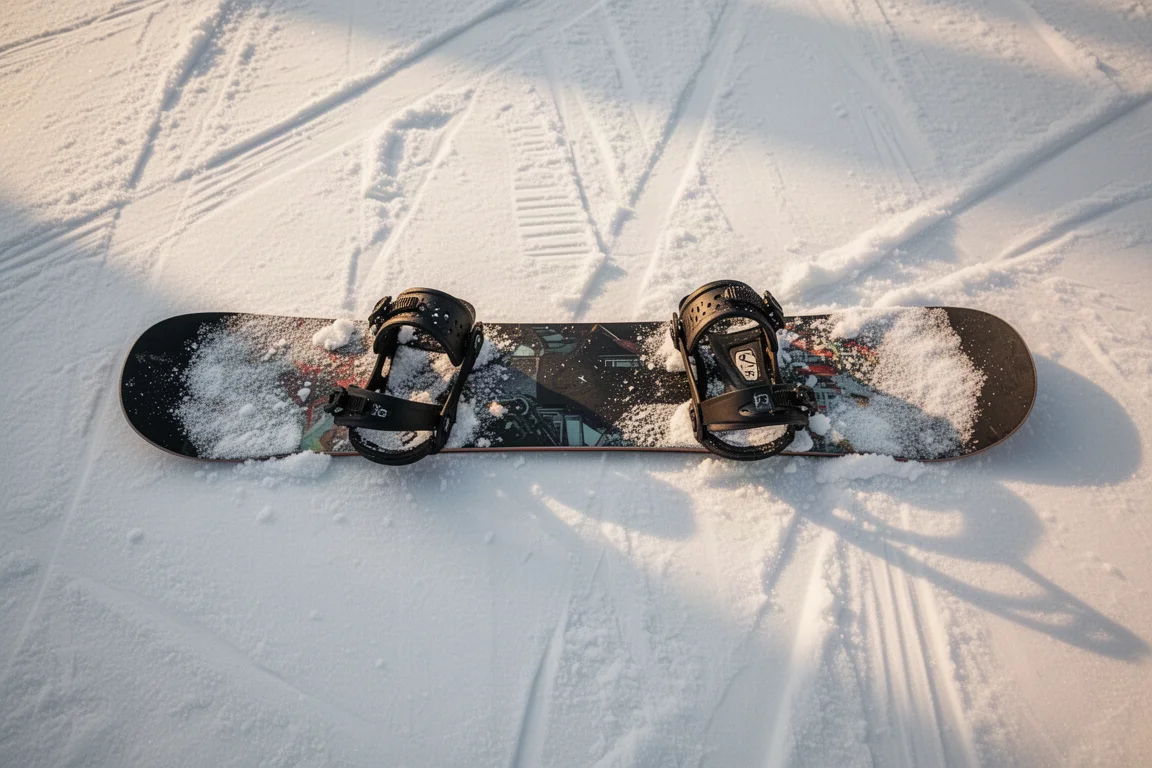 Tabla de snowboard y fijaciones extendidas sobre la nieve durante el día de un rider por terrenos variados