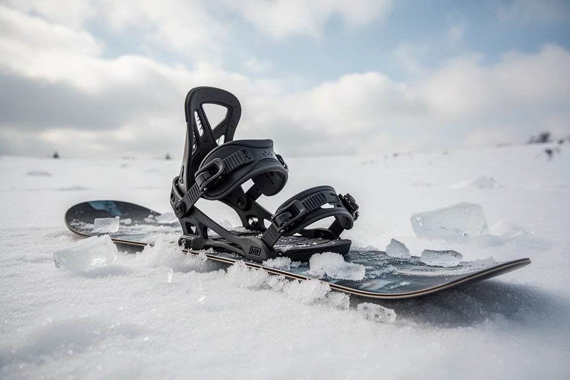 Snowboardbinding rustend op een board in papperige sneeuw in de lente