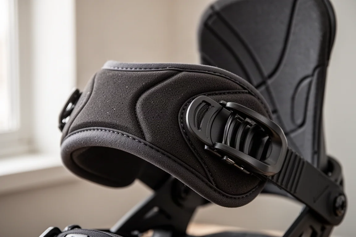Close-up van een gevormde foam enkelstrap op een snowboardbinding