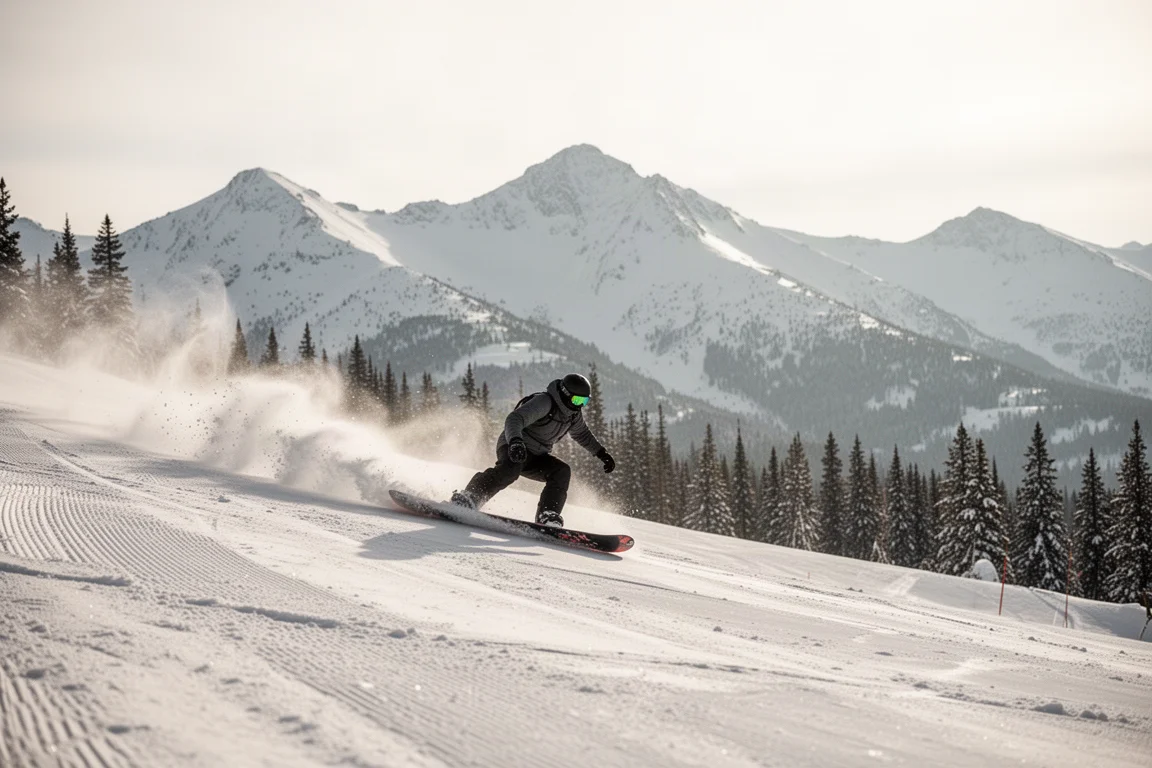 Snowboarder snijdend hard de bocht op een geprepareerde berghelling