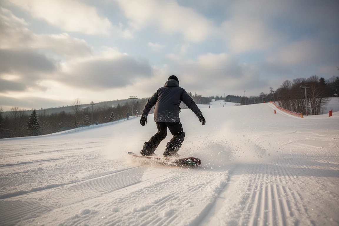 Snowboarder fährt durch matschigen Frühlingschnee bei teilweise bewölktem Himmel