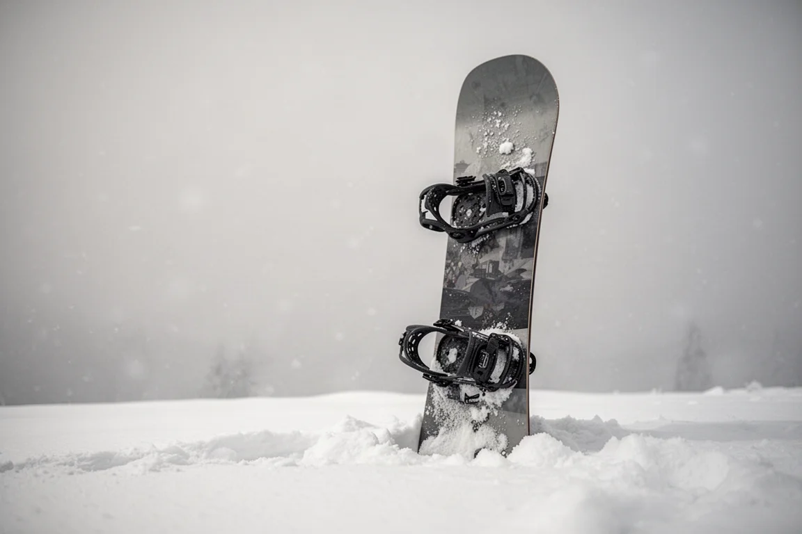 Snowboard-Bindings montiert auf einem Brett, das im Schnee liegt