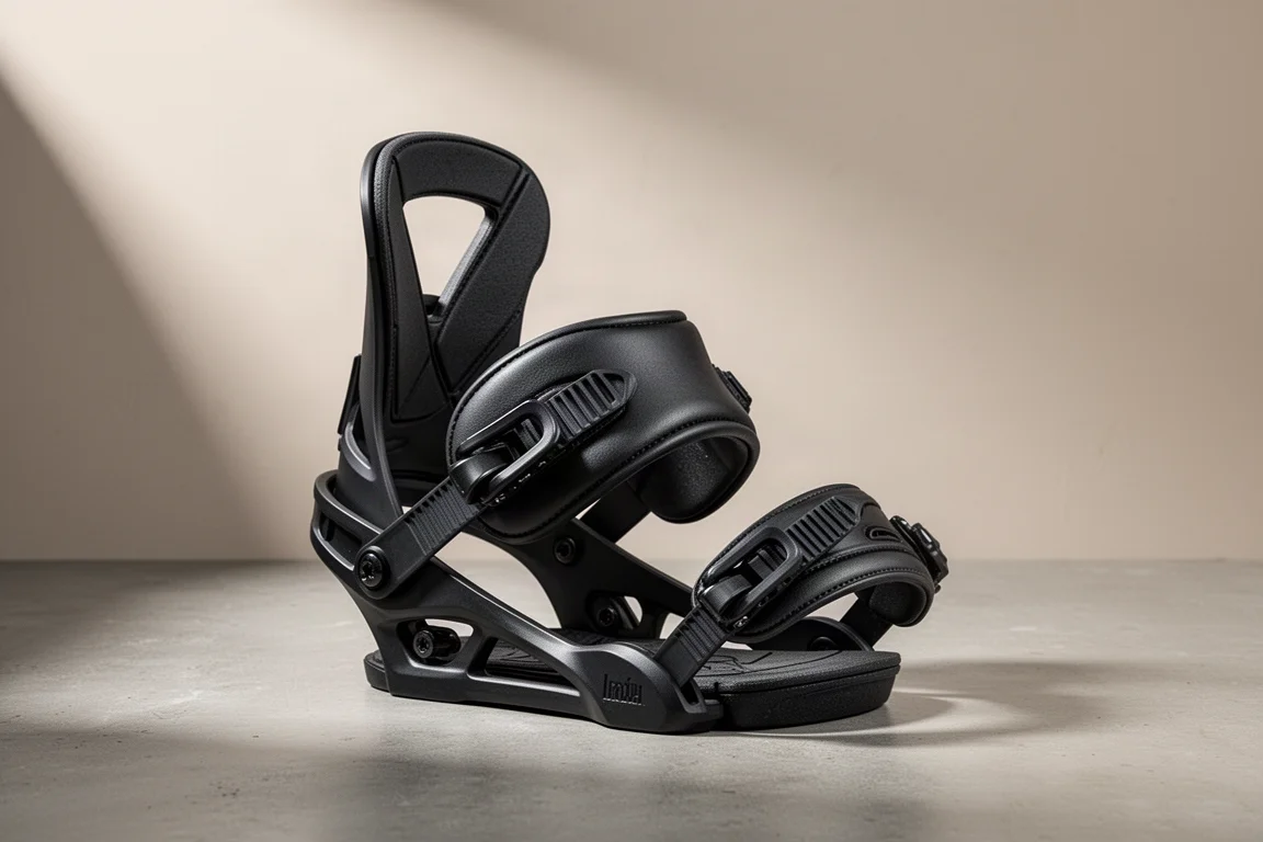 Paar schwarzer Snowboard-Bindings auf neutraler Betonoberfläche