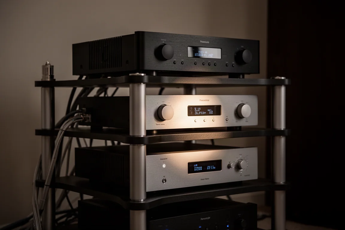 Hi-Fi-Rack in einem schwach beleuchteten Raum mit Verstärker und Quellkomponenten