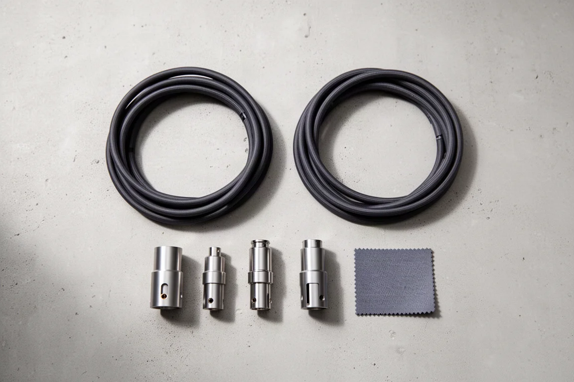 Draufsicht auf gerollte Audiokabel und gefräste Steckergehäuse auf Beton