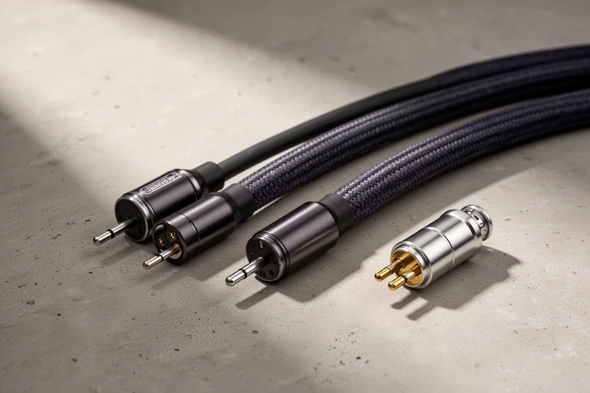 Two thick audio cables with machined aluminium connector housings on a concrete surface