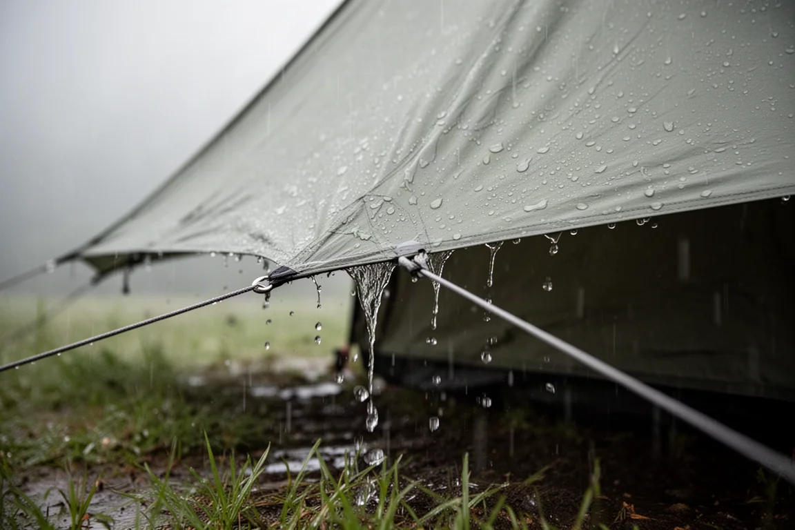 豪雨從繃緊的帳篷雨罩上流瀉到濕漉漉的草地