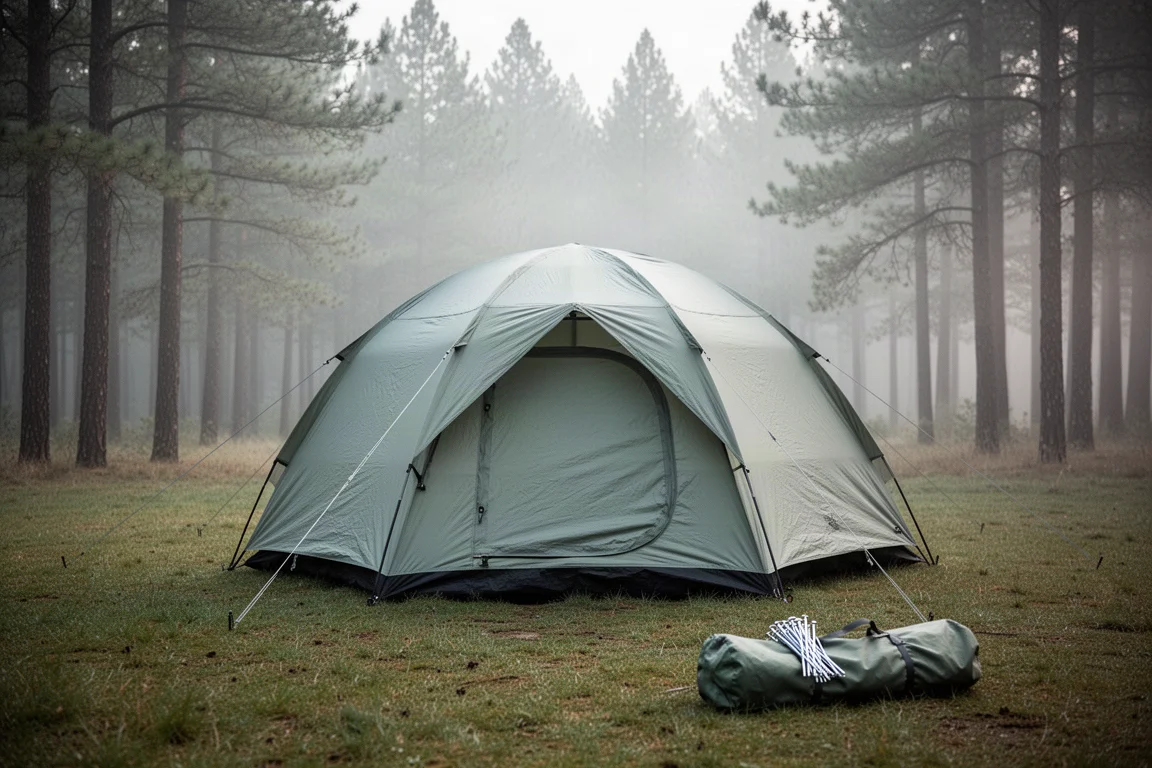 Six-person dome camping tent pitched on a grassy clearing beside a pine forest