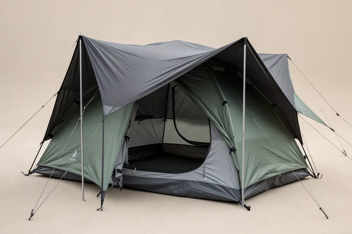 Grey dome camping tent with dark rainfly pitched outdoors in soft daylight