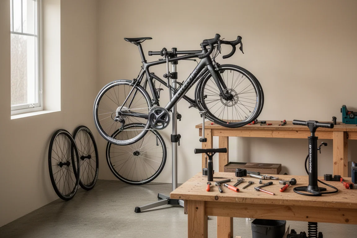 Banco da officina domestica con una bici da strada su cavalletto e ruote appoggiate al muro