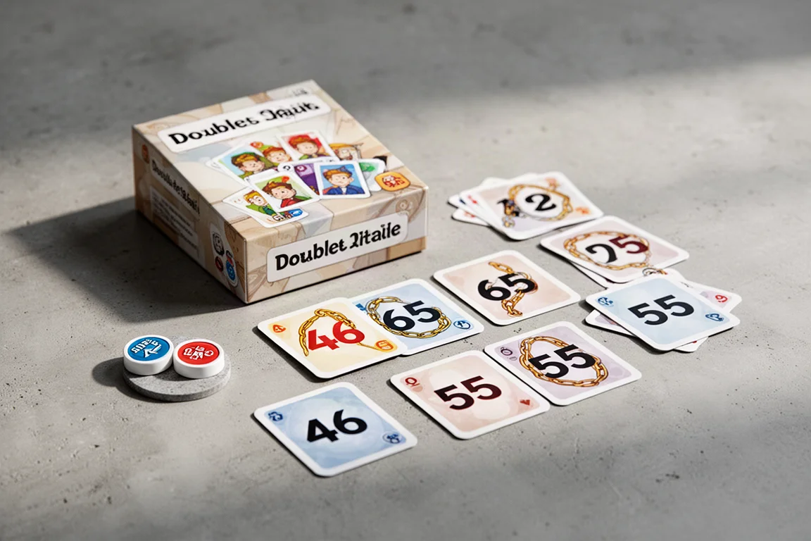 Six small board games with colorful components arranged on a wooden table