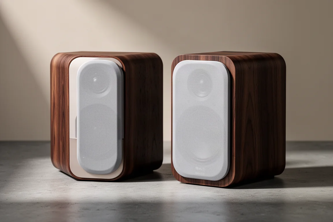 Pair of Numei BS5P powered bookshelf speakers with grey grilles on a concrete surface