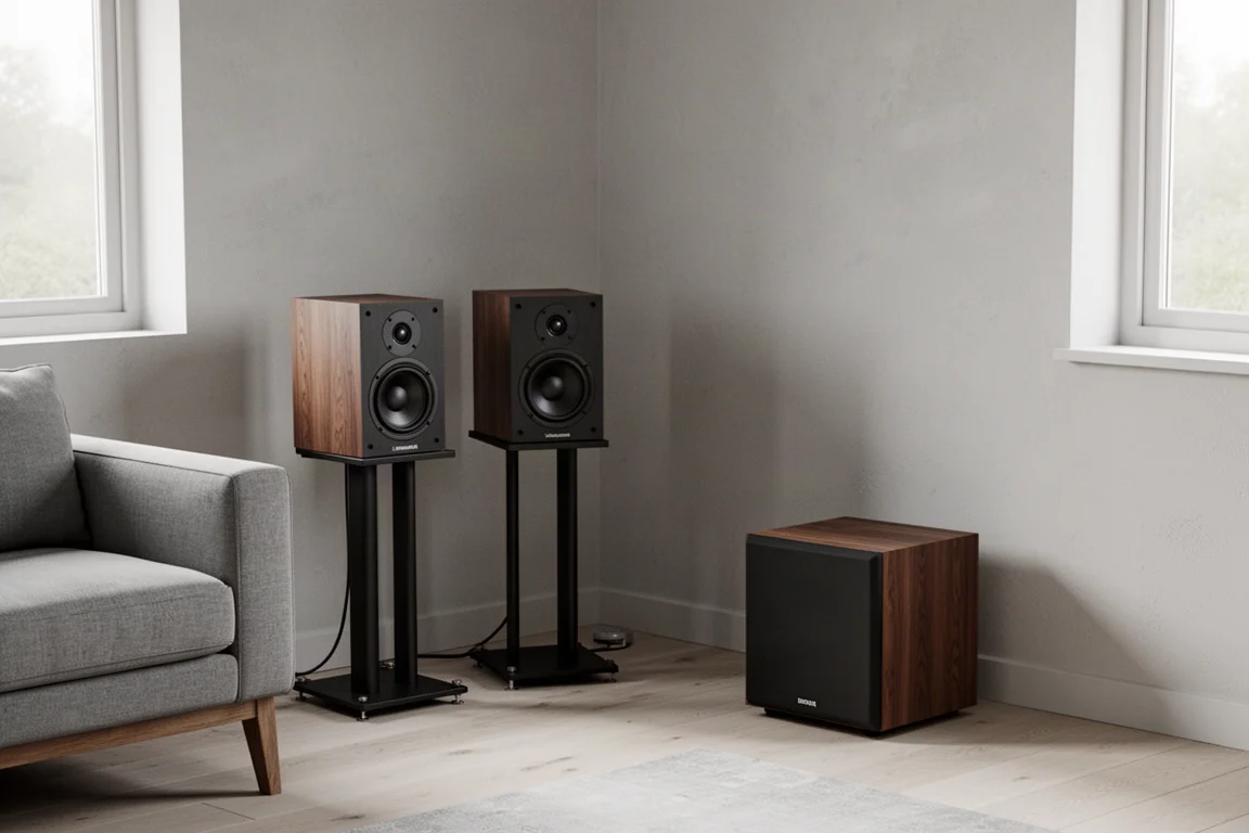Kleine Stereolautsprecher mit kompaktem Subwoofer in einer einfachen Wohnzimmerecke