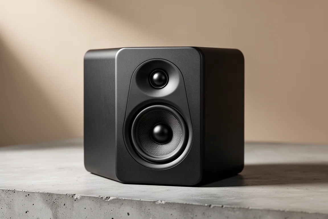 Compact passive bookshelf speaker with a 4-inch midwoofer and dome tweeter on concrete