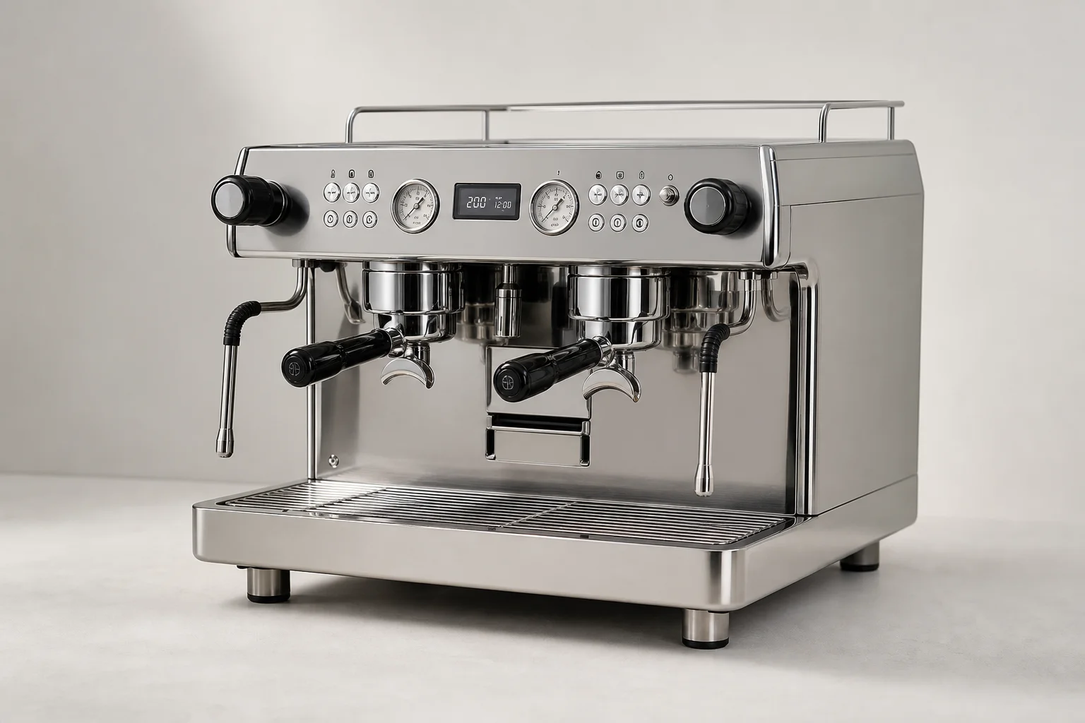 Four espresso machines arranged by size and type on neutral backdrop