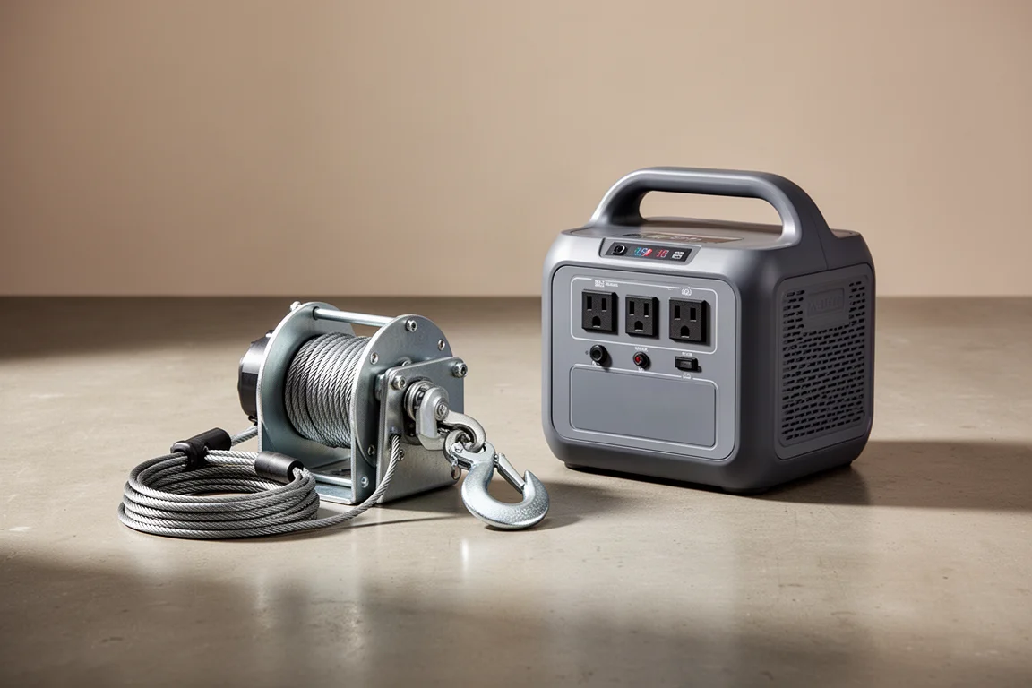 Electric hoist winch and portable power station arranged on a concrete floor