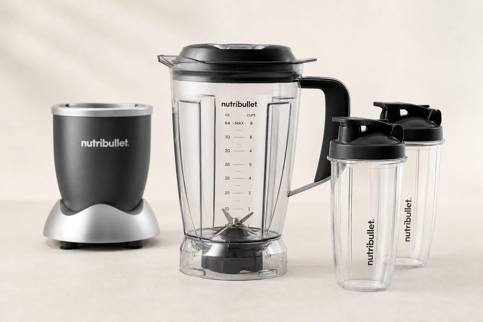 Cinq modèles de blender NutriBullet disposés par taille sur une surface en béton