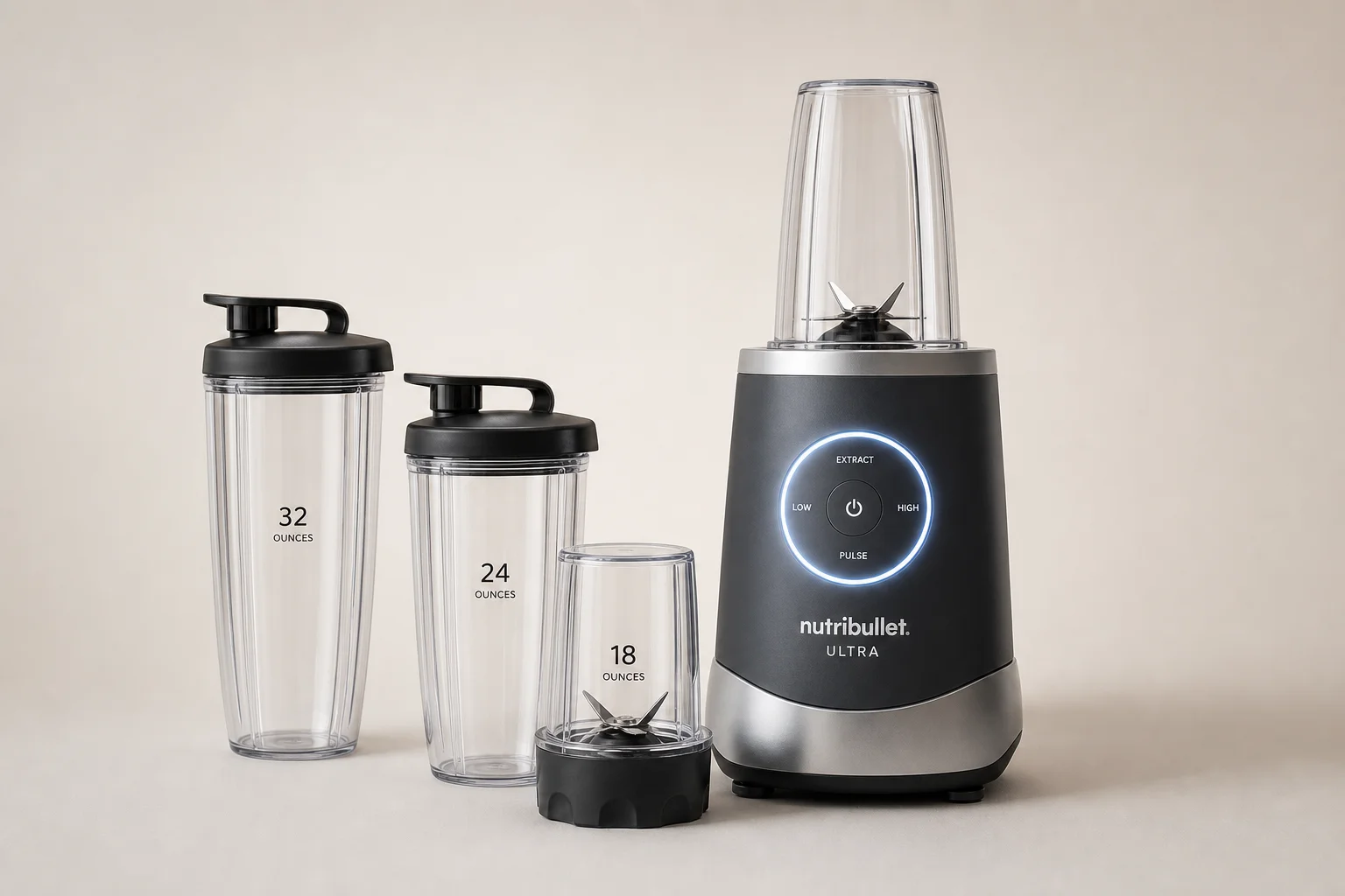 Cinq modèles de blender NutriBullet disposés par taille sur une surface en béton