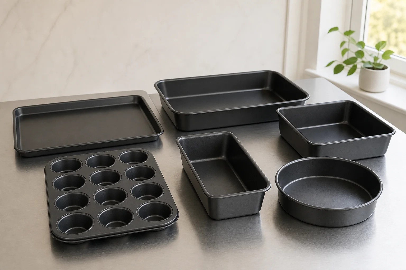 Five different baking sheets and pans arranged on a concrete surface