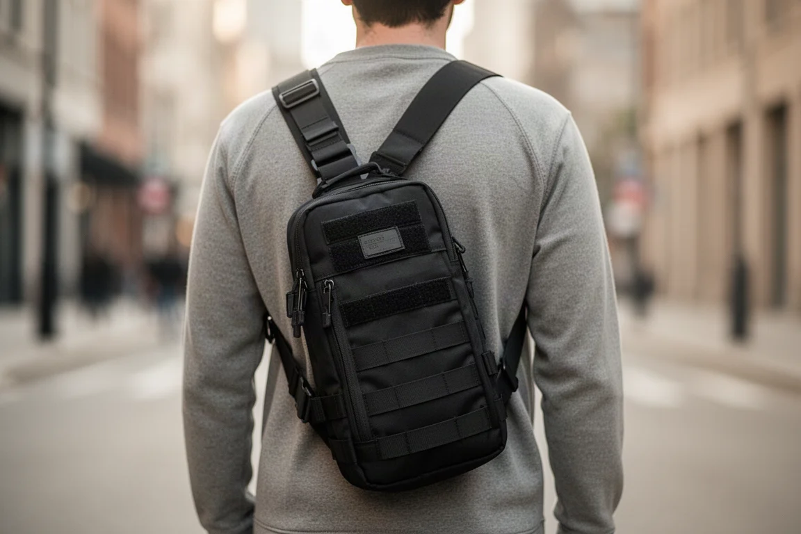 Sling bag negro de Cordura llevado sobre el hombro en un entorno urbano