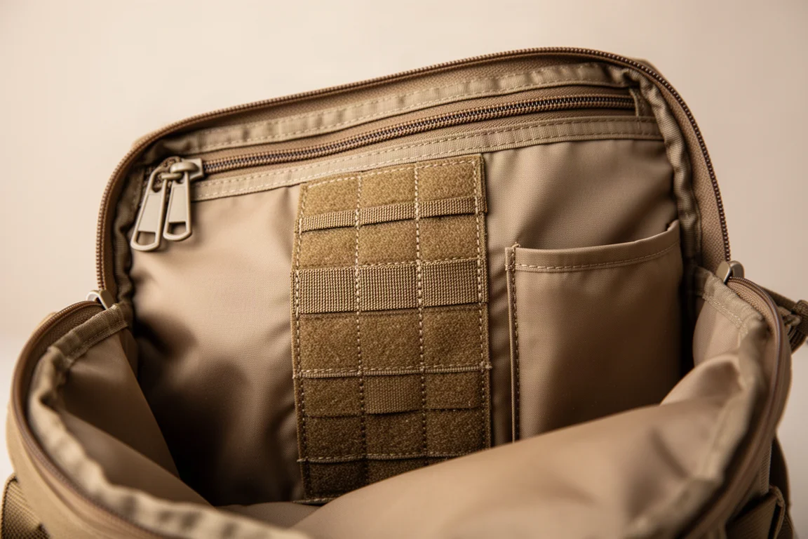 Compartimento principal abierto de un sling bag mostrando un panel Molle de nailon