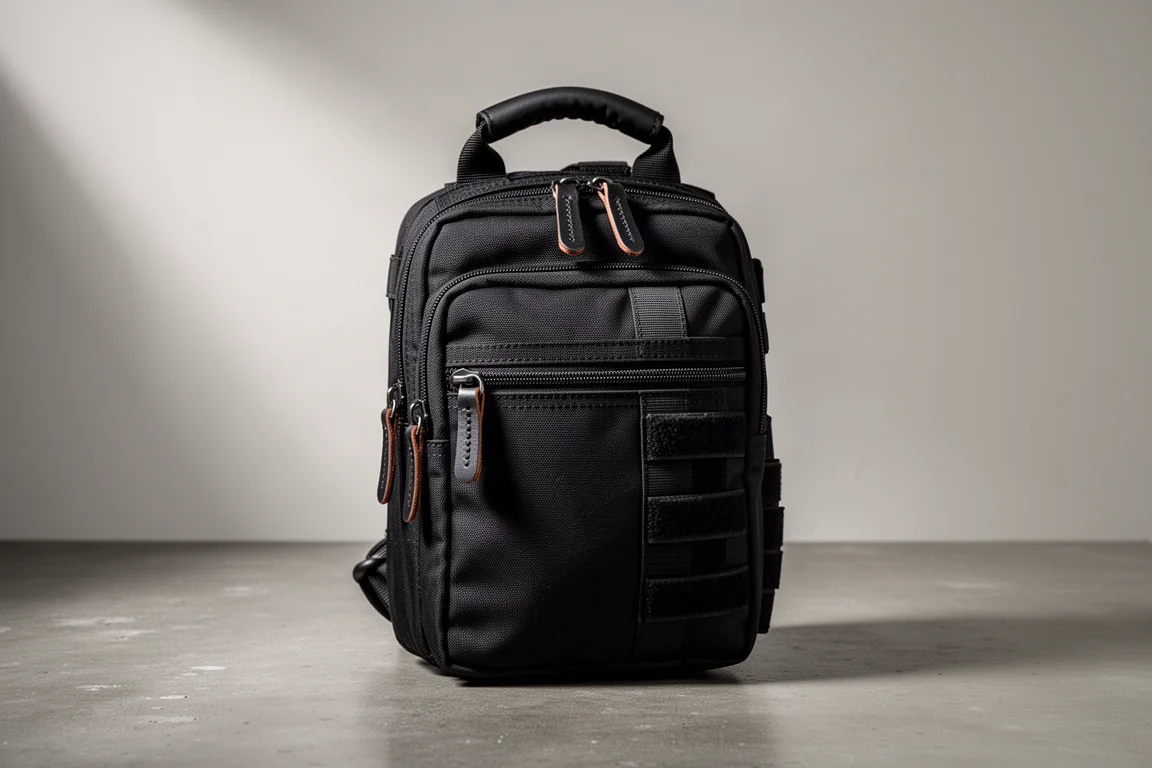 Black 1000D Cordura vertical sling bag with leather zipper pulls on concrete