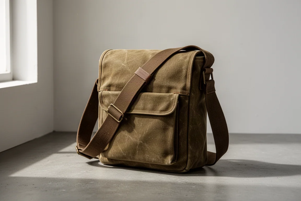 Waxed canvas shoulder bag standing on a matte concrete surface
