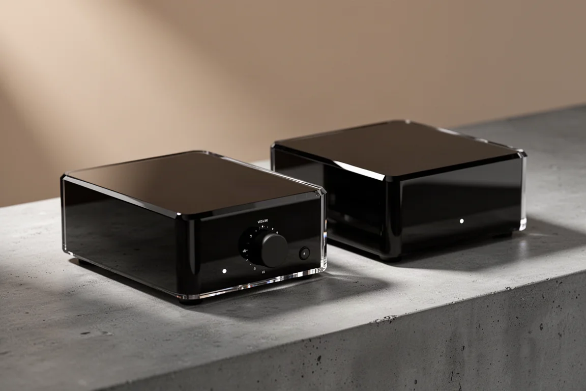 Two compact gloss black acrylic NVA amplifier units on a concrete surface