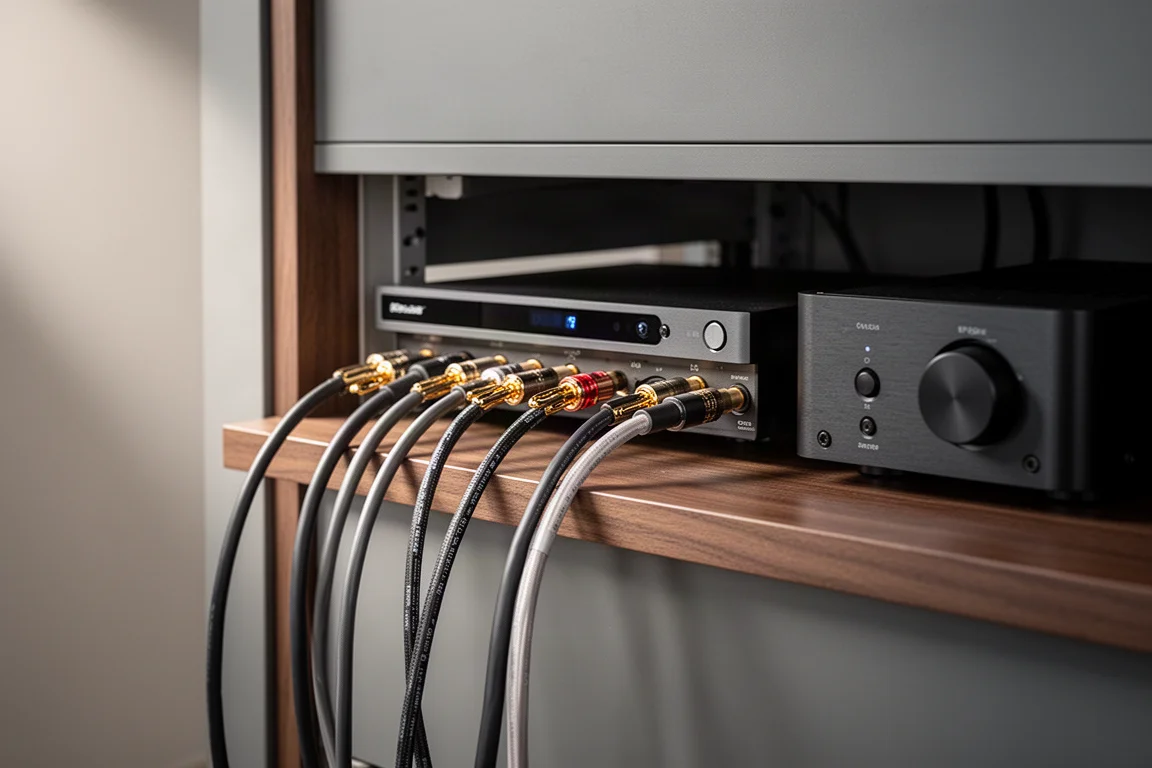 Detail van de achterzijde van een hifi-rack met netjes weggewerkte luidsprekerkabels en banaanstekkers