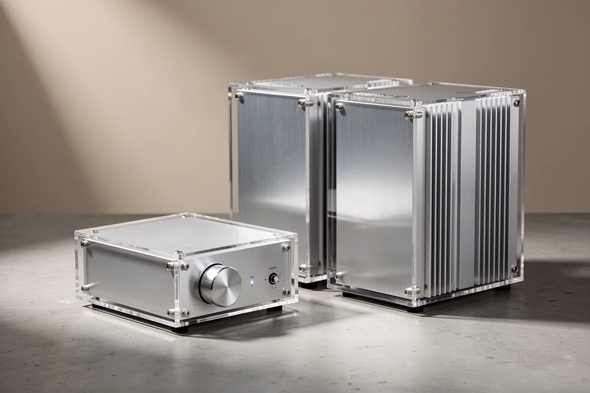 Acrylic preamplifier and a pair of monoblock amplifiers arranged on a concrete surface