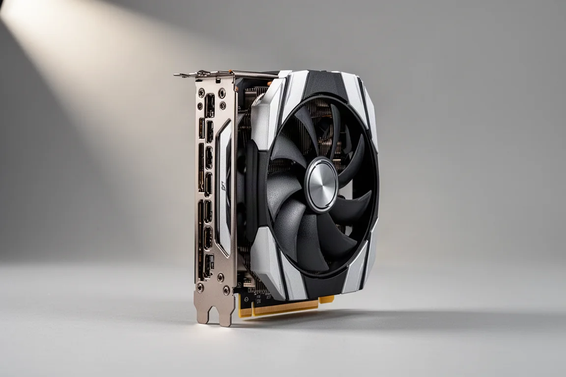 AMD 與 NVIDIA 的四張顯示卡排列在霧面黑色表面上