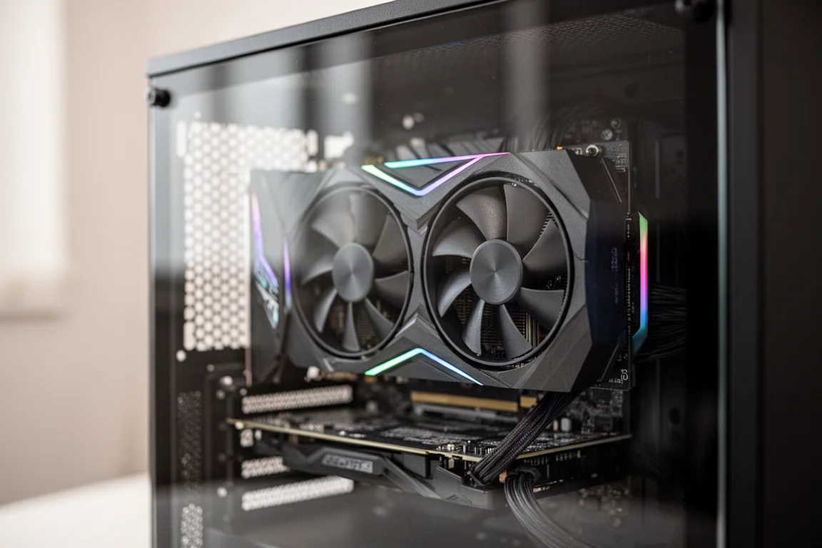 RGB ライティングが施された PC に取り付けられたグラフィックスカードのクローズアップ