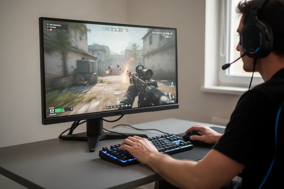 高リフレッシュレートのモニターを備えたデスクで、高速シューティングゲームをプレイするゲーマー