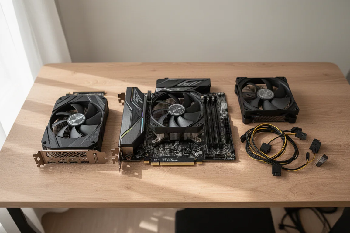 グラフィックスカードと冷却コンポーネントを備えた PC ビルドの上面図
