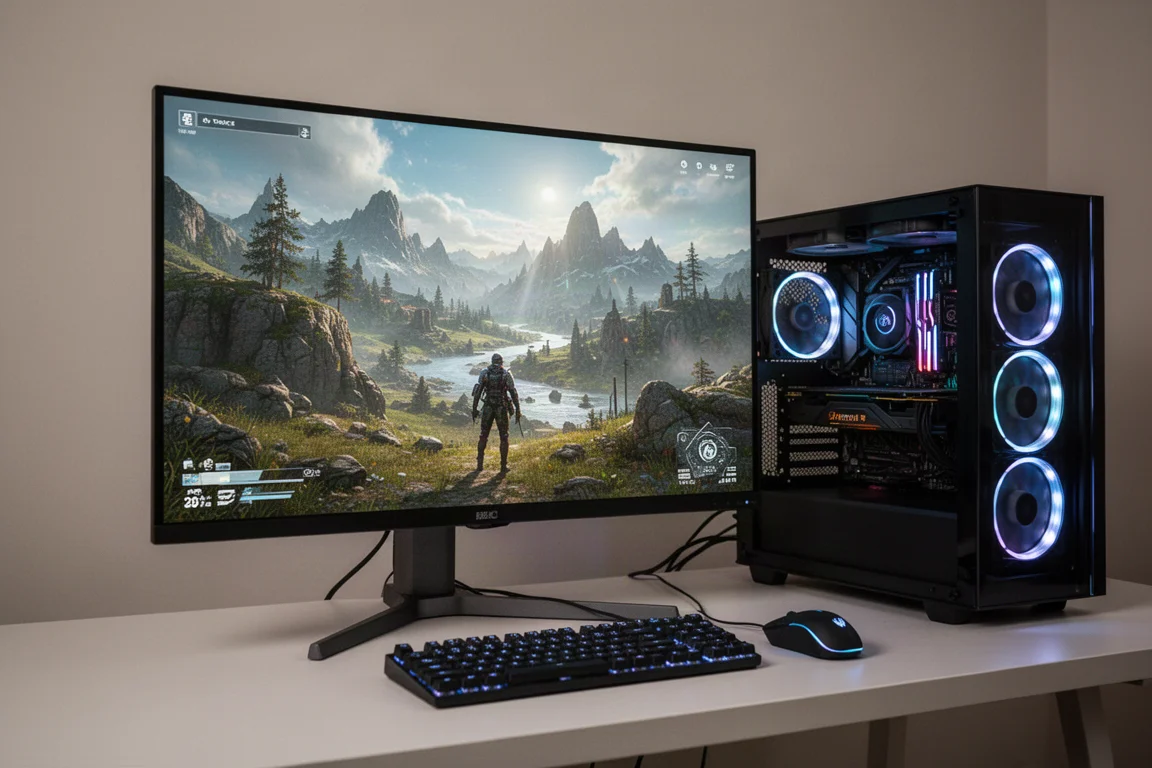 詳細なオープンワールドゲームを表示する大型モニターを備えたゲーミングセットアップ