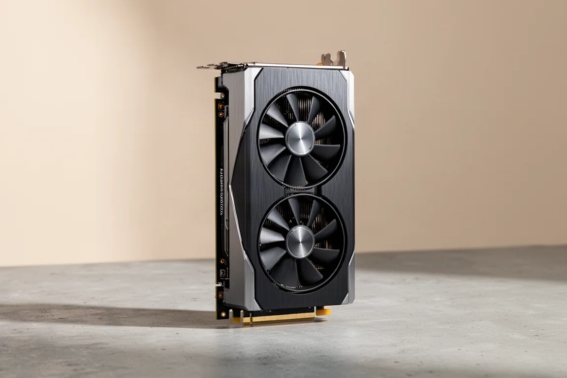 コンクリートの表面に置かれた、ダークなシュラウドとデュアルファンを備えた Nvidia RTX 5080 グラフィックスカード