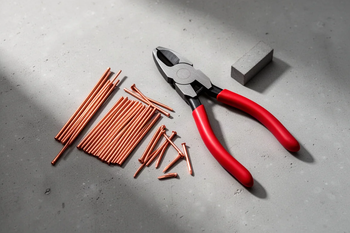 High-leverage side cutters resting on a workbench beside cut wire offcuts