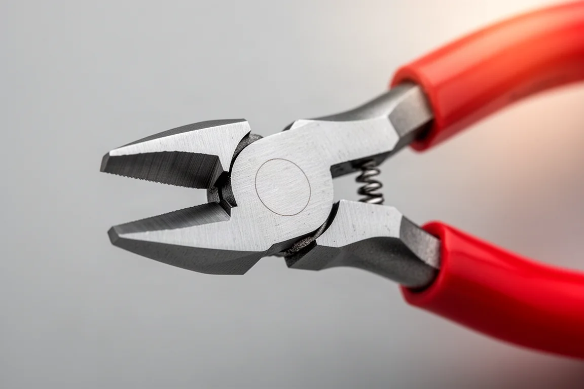 Close-up of the narrow jaw opening of high-leverage side cutters at the pivot