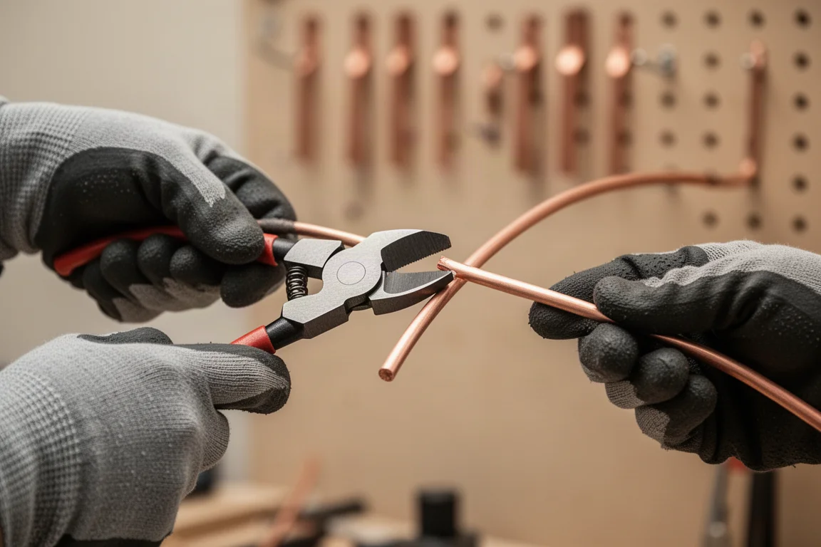Hands cutting a thick copper wire with side cutters in soft workshop light
