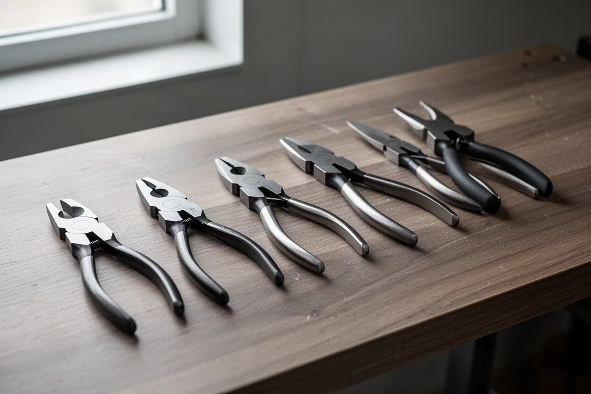 Side cutters on a wooden workbench beside several competitor pliers