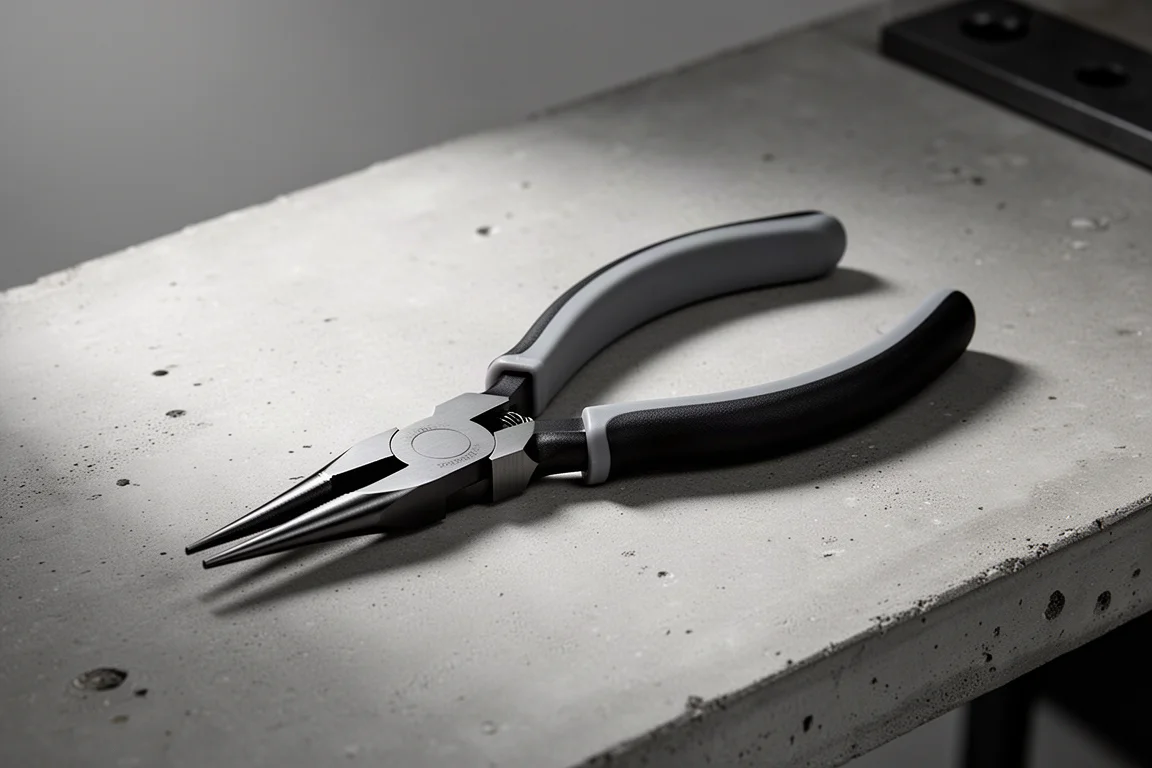 NWS 140 69 205 needle nose pliers laid on a matte concrete workbench