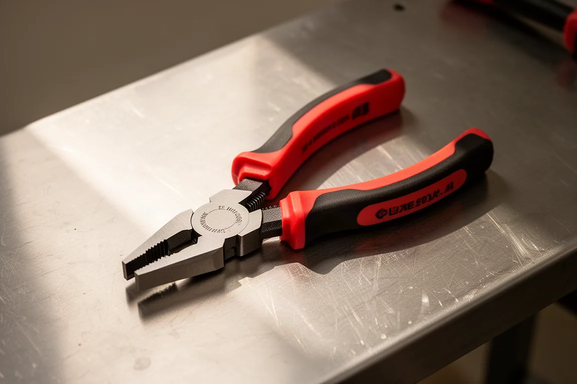 Combination pliers with red multi-component handles resting on a workshop bench