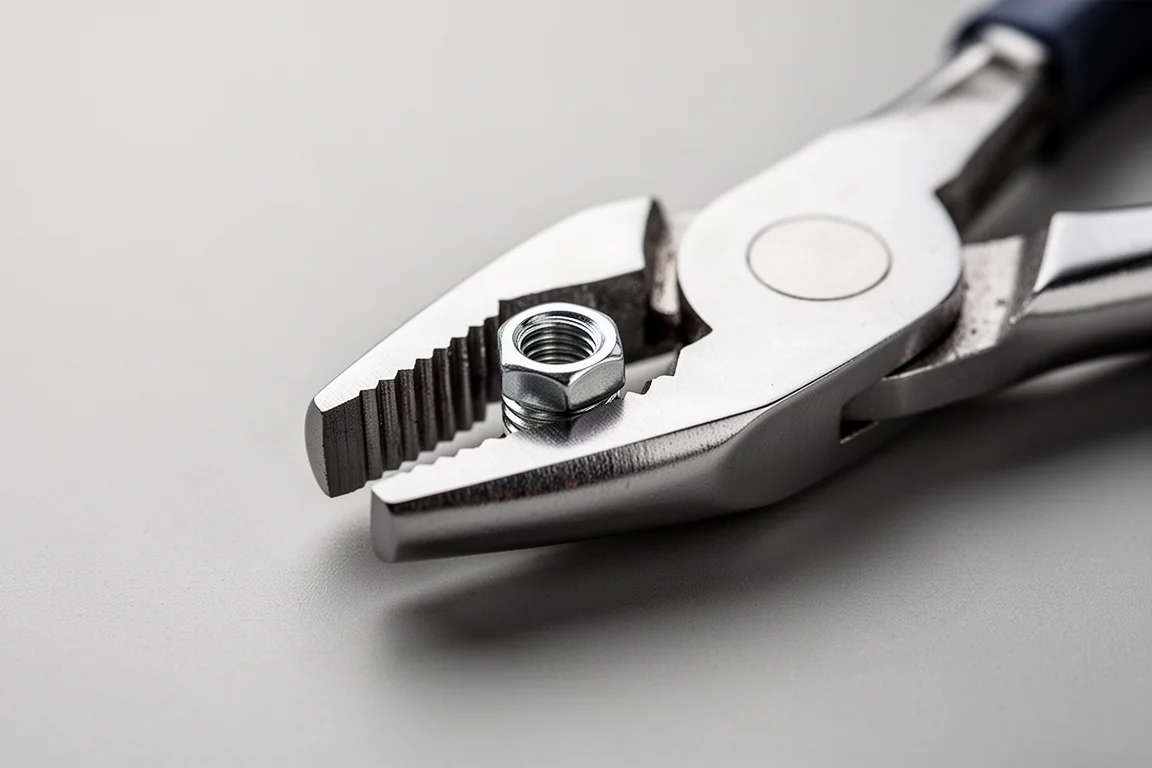 Close-up of plier jaws gripping a small threaded nut