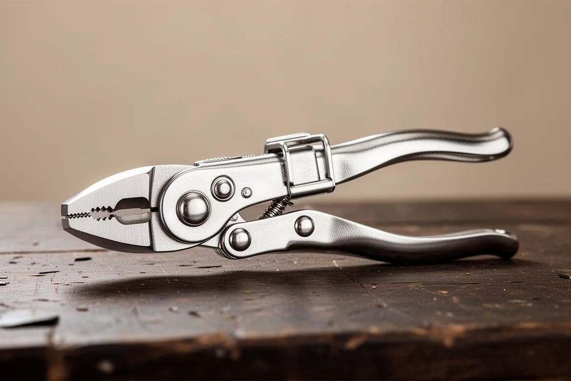 Locking mechanism of pliers engaged, handles held closed on a workbench