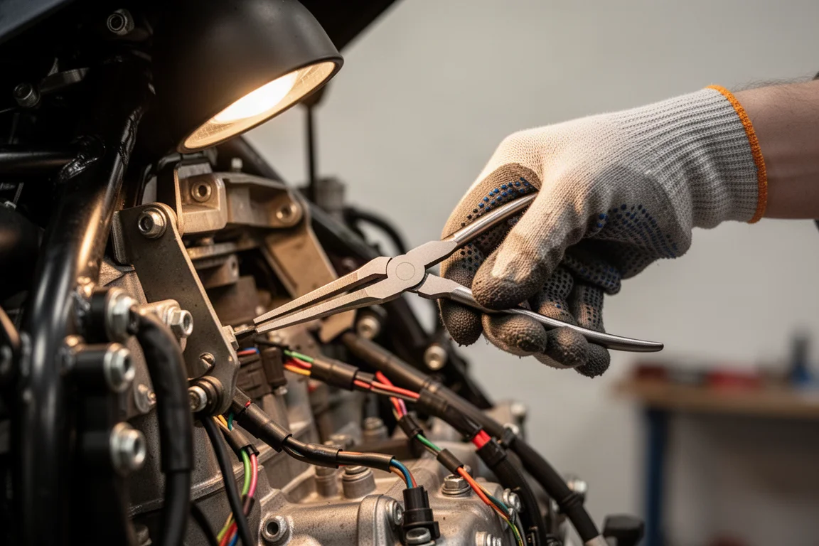 Hand working with pliers inside a confined mechanical assembly by feel