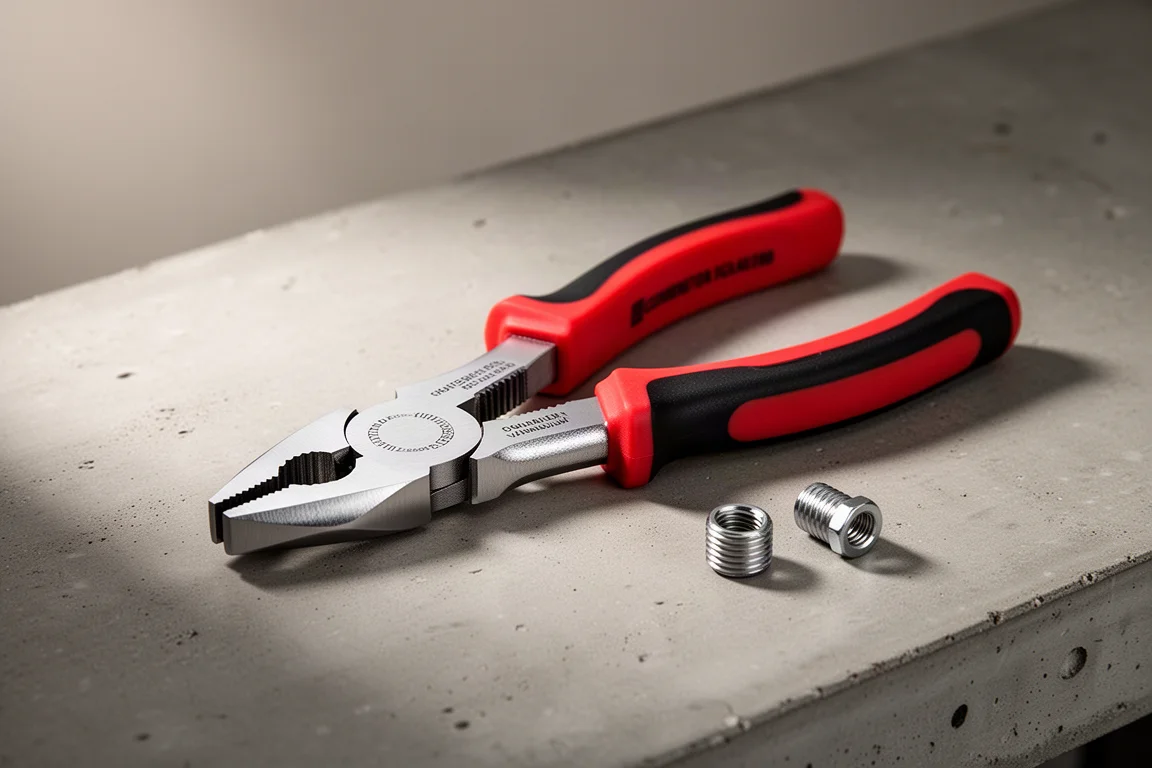 NWS combination pliers with red multi-component handles on a concrete workbench