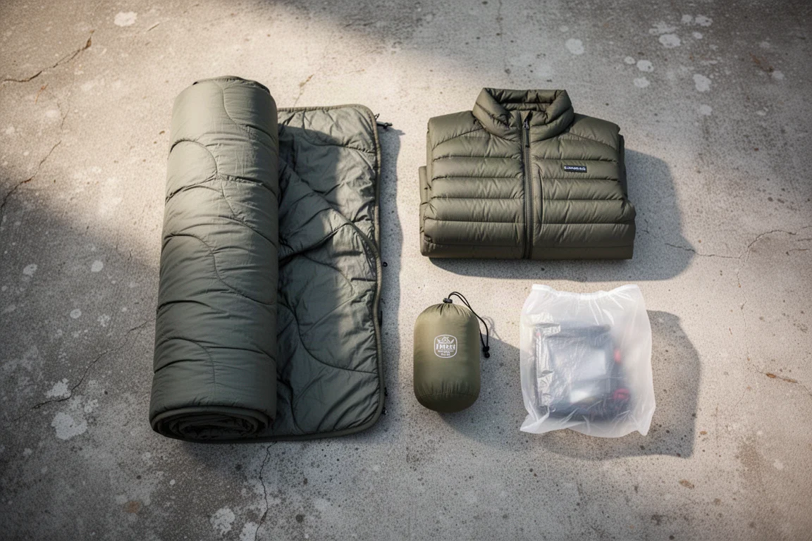 Backpacking-Ausrüstung auf einer Bodenplane neben einem offenen Rucksack auf einem Campingplatz im Morgengrauen