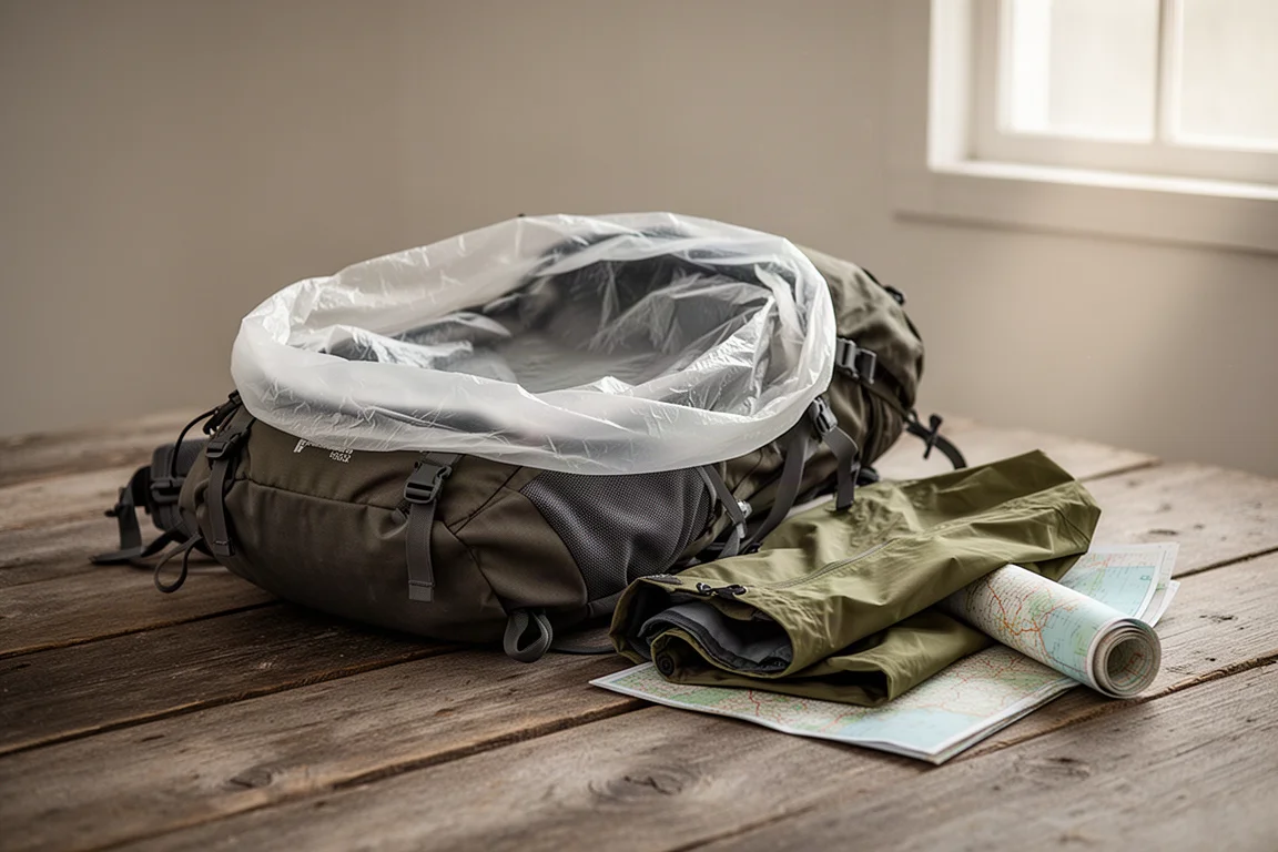 Draufsicht auf Backpacking-Essentials, darunter ein durchscheinender Liner und gerollte Kleidung auf Beton